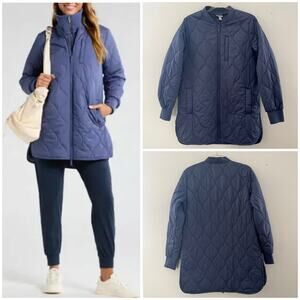 Zella Skyline Longline Quilted Bomber Jacket Medium Blue Zip Pockets Modest